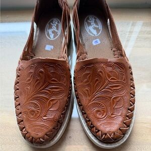 Brown Leather huarache Slip-On Shoes with Embossed Design